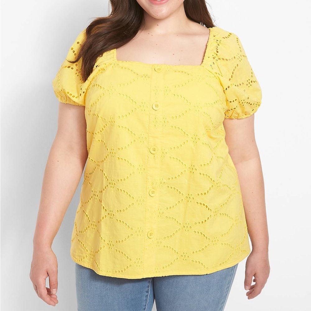 Lane Bryant 16 Eyelet Blouse Bright Yellow Cotton​